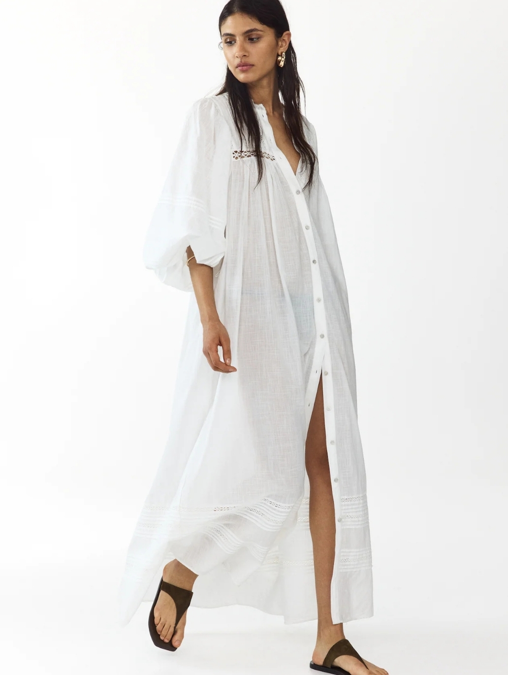 H&M Oversized Tie-Belt Tunic Dress Maxi White Unlined & See-through Bnwt - Picture 3 of 12